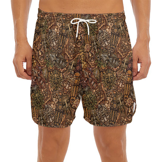 African Totem Pattern Print Men's Split Running Shorts