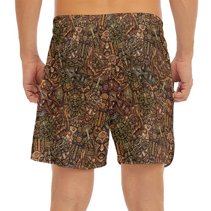 African Totem Pattern Print Men's Split Running Shorts