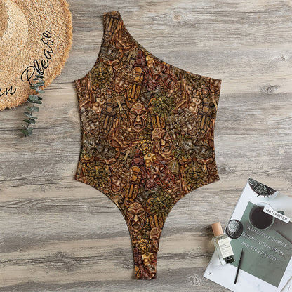 African Totem Pattern Print One Shoulder Bodysuit