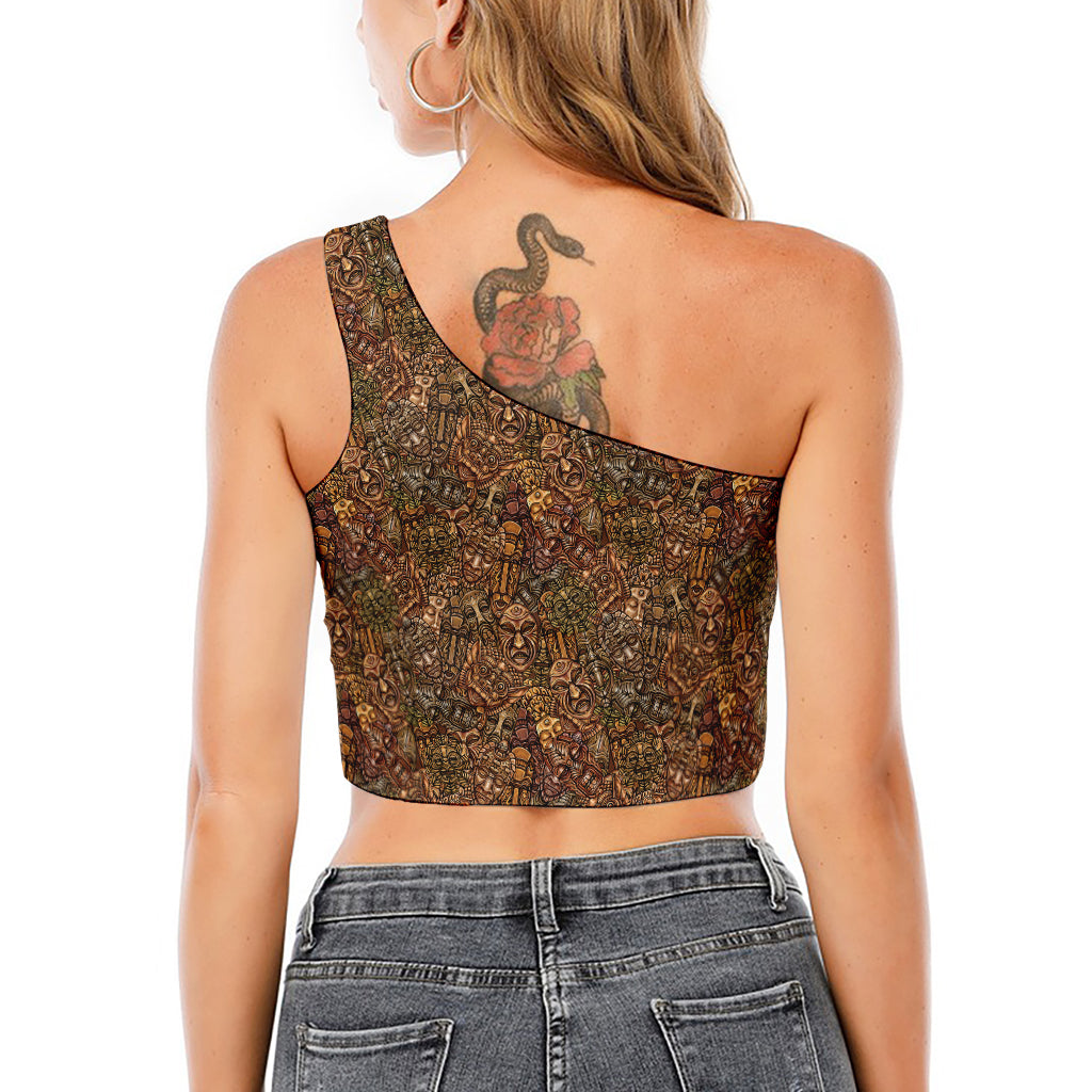 African Totem Pattern Print One Shoulder Crop Top