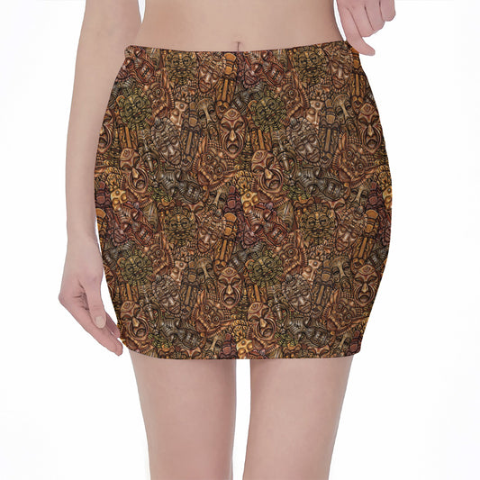 African Totem Pattern Print Pencil Mini Skirt