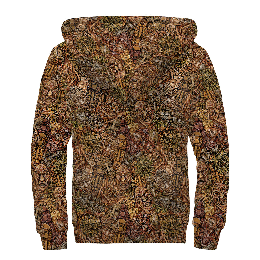 African Totem Pattern Print Sherpa Lined Zip Up Hoodie