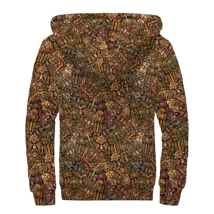 African Totem Pattern Print Sherpa Lined Zip Up Hoodie