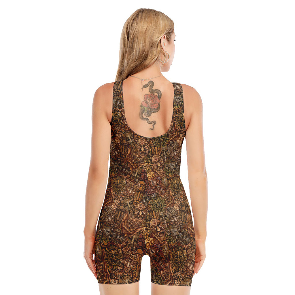 African Totem Pattern Print Sleeveless One Piece Swimsuit