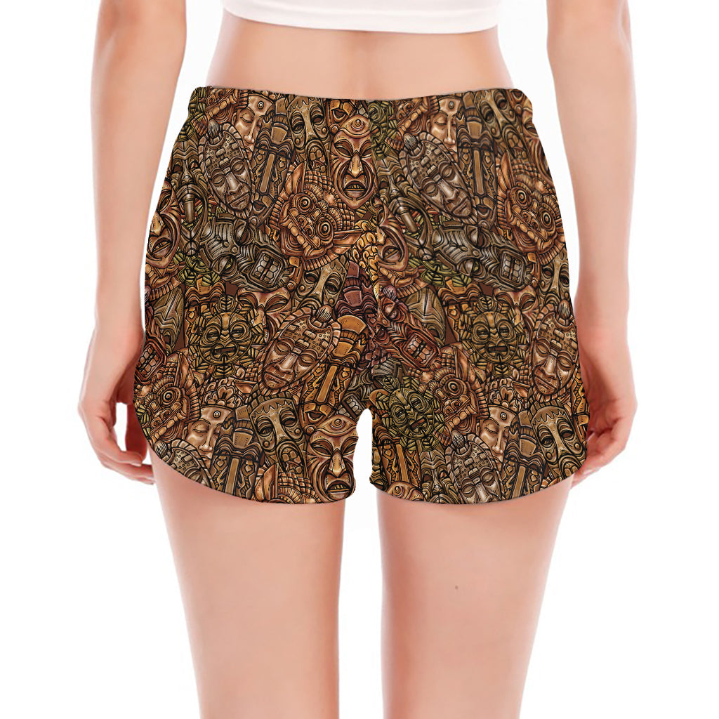 African Totem Pattern Print Women's Split Running Shorts