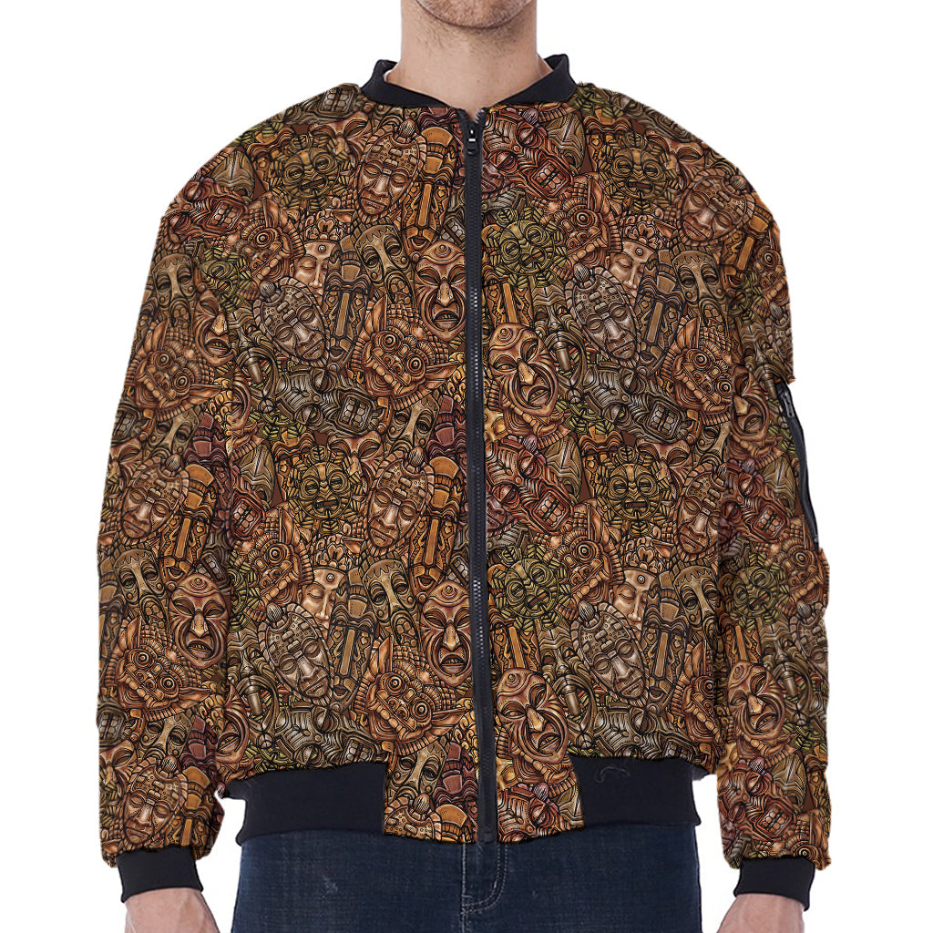 African Totem Pattern Print Zip Sleeve Bomber Jacket