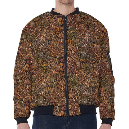 African Totem Pattern Print Zip Sleeve Bomber Jacket