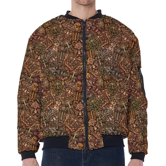 African Totem Pattern Print Zip Sleeve Bomber Jacket