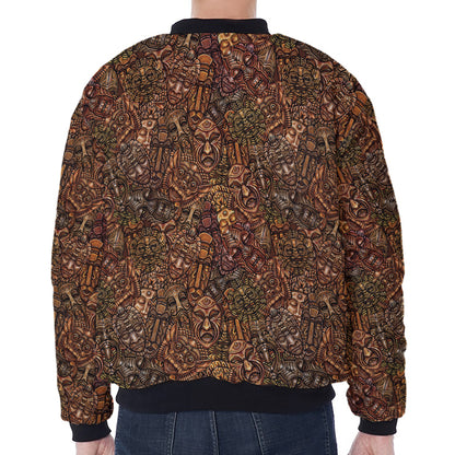 African Totem Pattern Print Zip Sleeve Bomber Jacket
