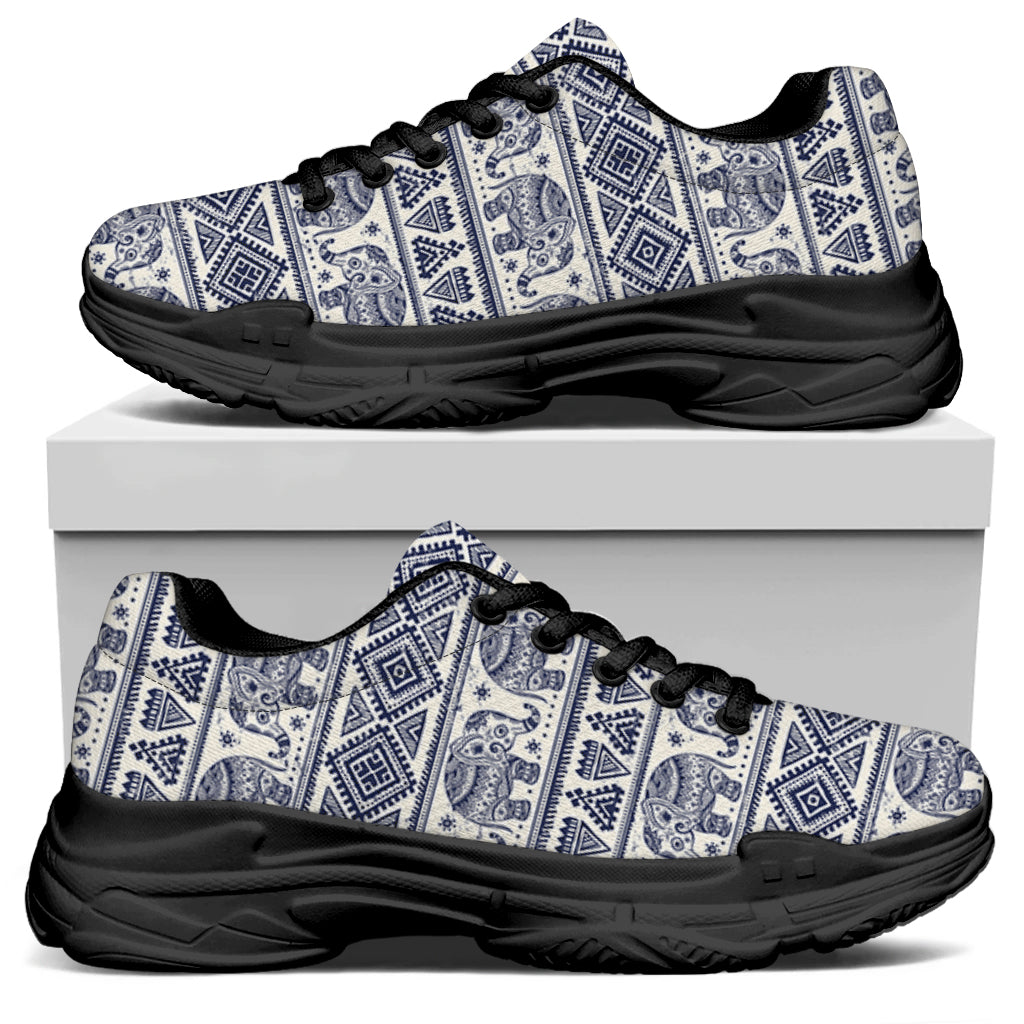 African Tribal Elephant Pattern Print Black Chunky Shoes