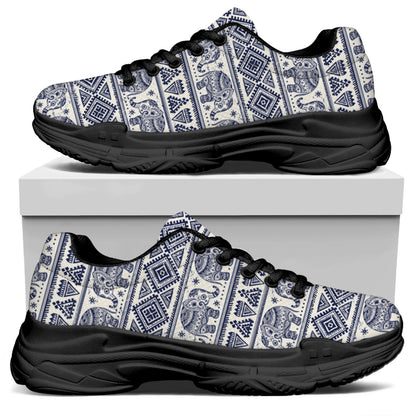African Tribal Elephant Pattern Print Black Chunky Shoes