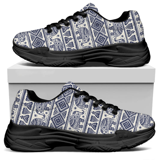 African Tribal Elephant Pattern Print Black Chunky Shoes