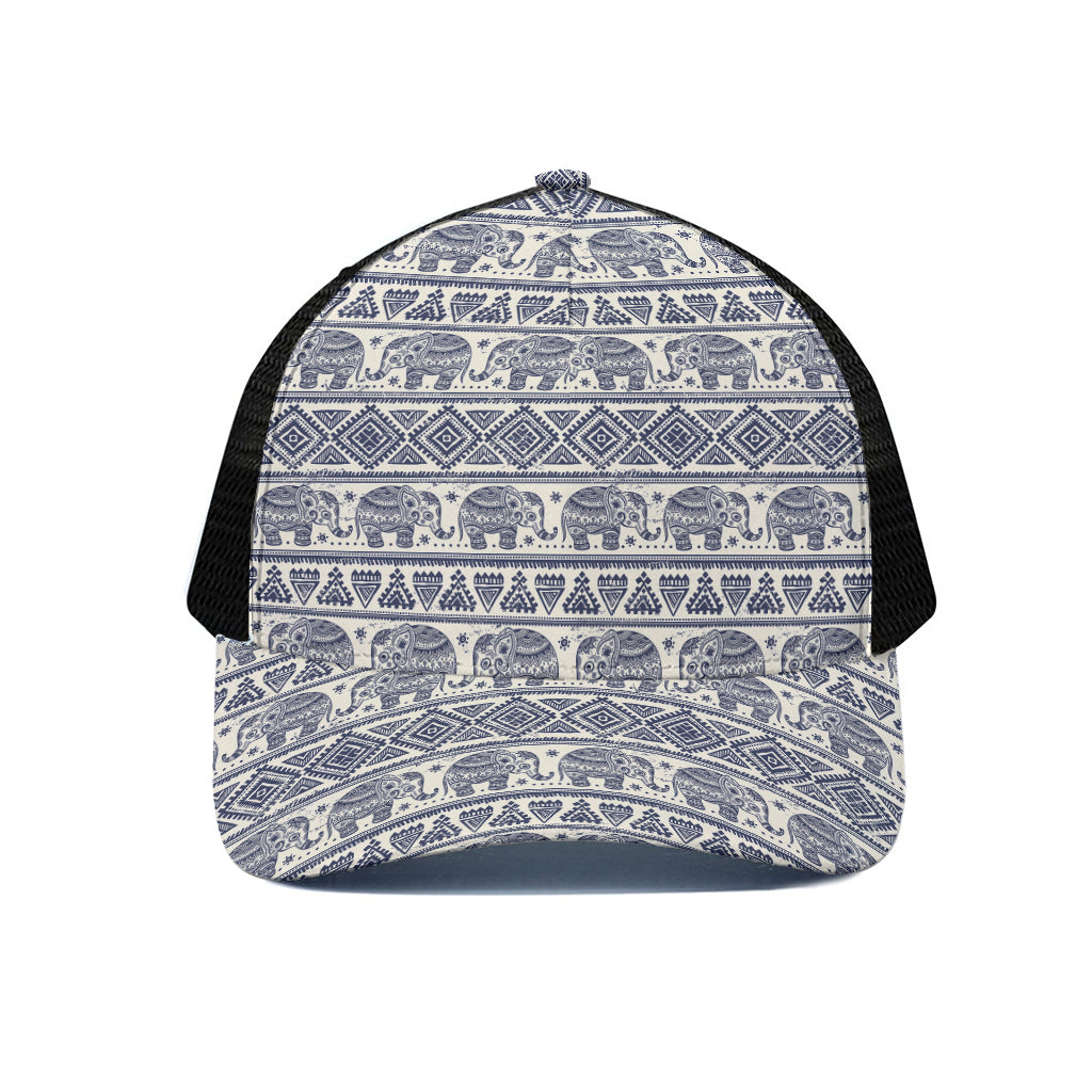 African Tribal Elephant Pattern Print Black Mesh Trucker Cap