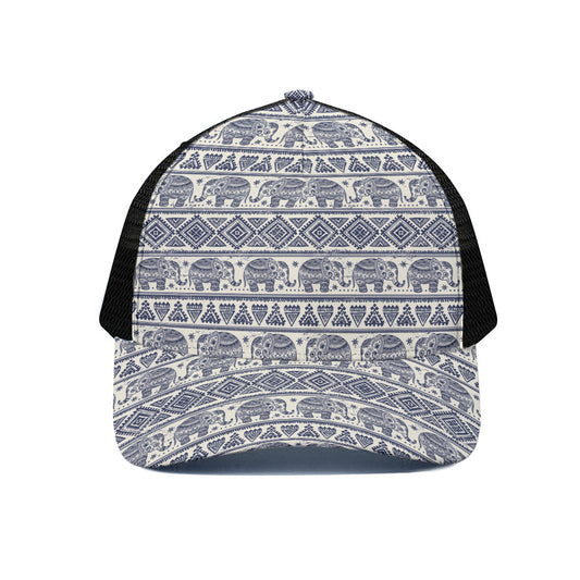 African Tribal Elephant Pattern Print Black Mesh Trucker Cap