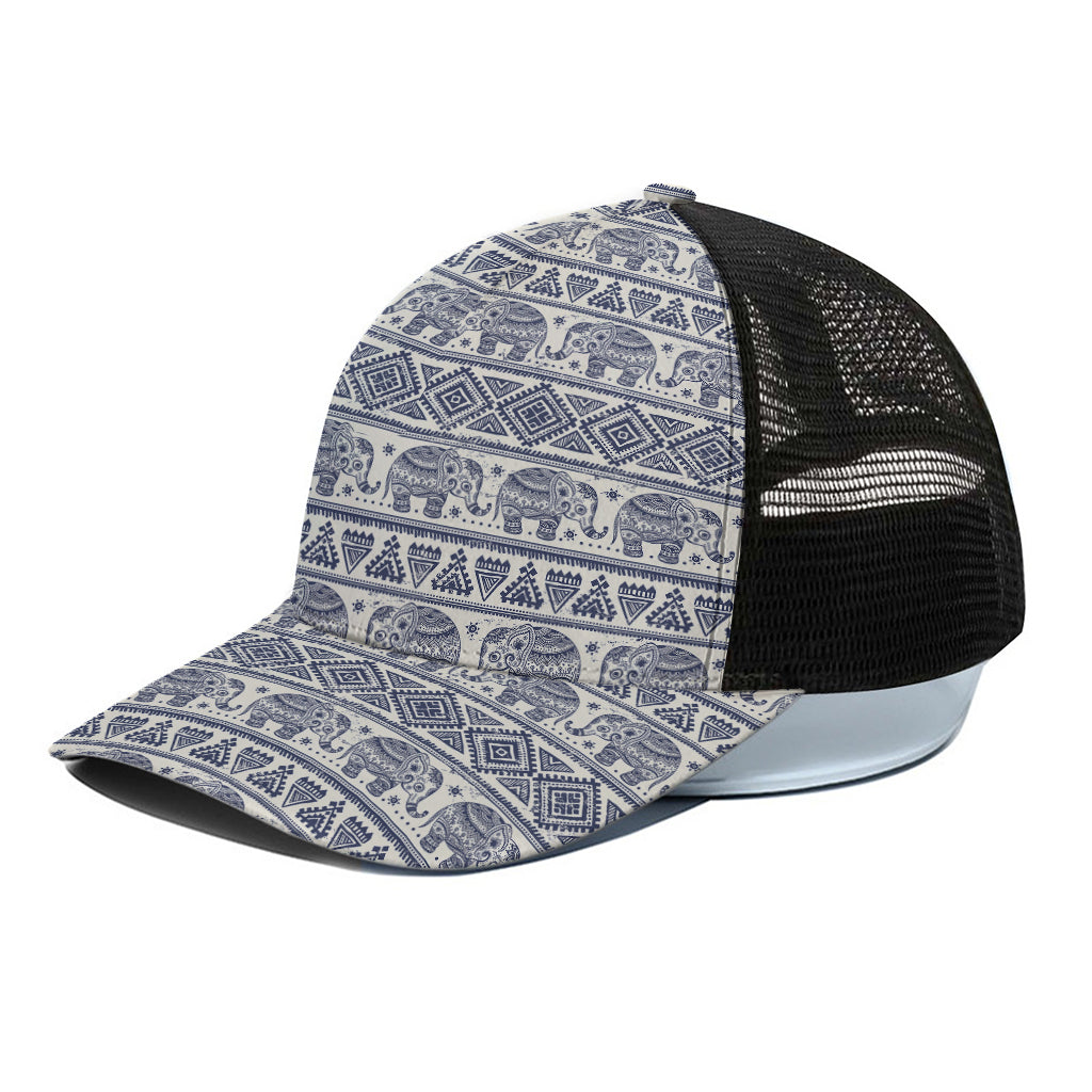 African Tribal Elephant Pattern Print Black Mesh Trucker Cap