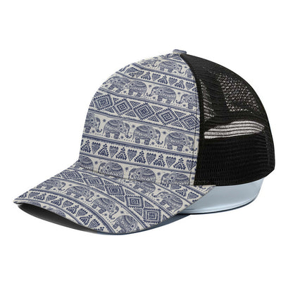 African Tribal Elephant Pattern Print Black Mesh Trucker Cap