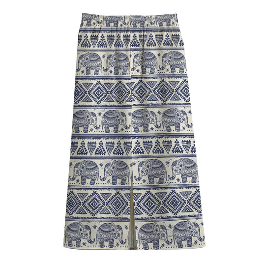African Tribal Elephant Pattern Print Cotton Front Slit Maxi Skirt