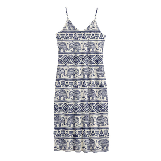 African Tribal Elephant Pattern Print Jersey Midi Cami Dress