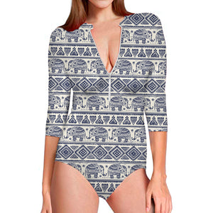 African Tribal Elephant Pattern Print Long Sleeve Swimsuit