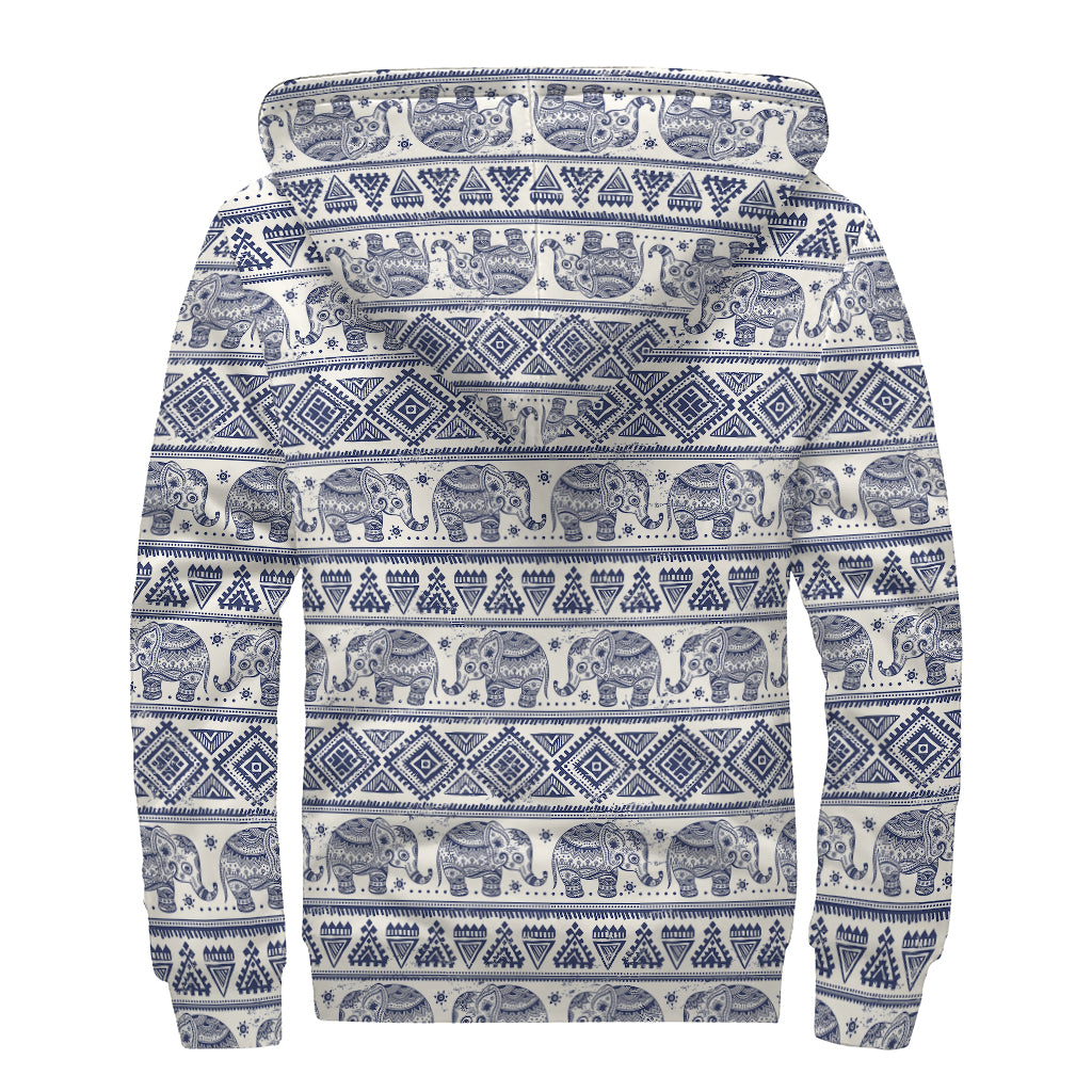 African Tribal Elephant Pattern Print Sherpa Lined Zip Up Hoodie