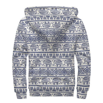 African Tribal Elephant Pattern Print Sherpa Lined Zip Up Hoodie
