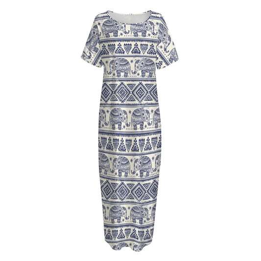 African Tribal Elephant Pattern Print Short Sleeve Long Nightdress
