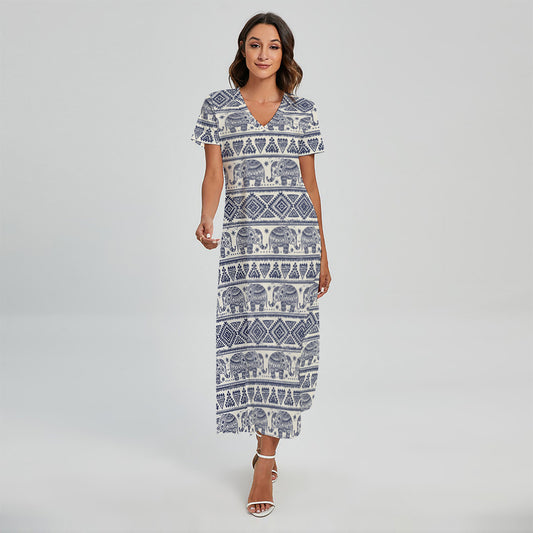 African Tribal Elephant Pattern Print Short Sleeve Maxi Dress