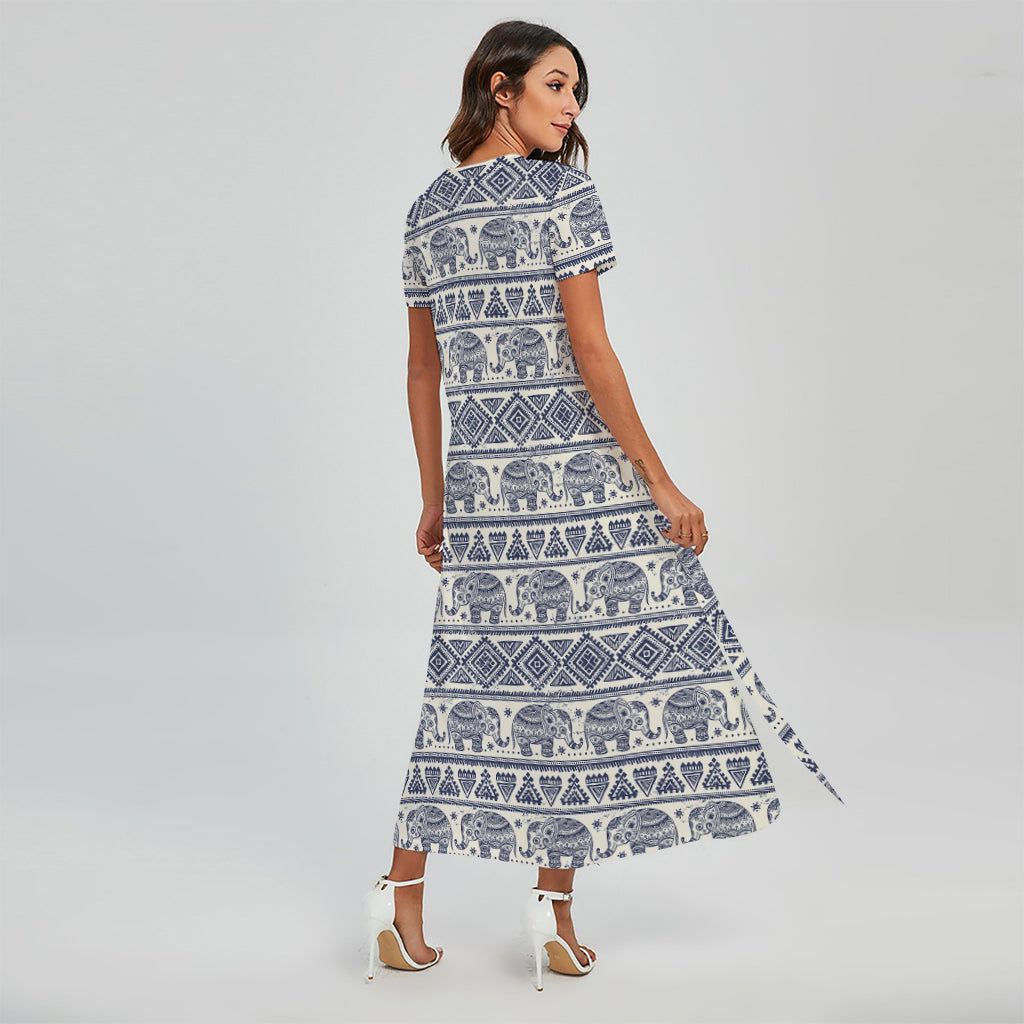 African Tribal Elephant Pattern Print Short Sleeve Maxi Dress