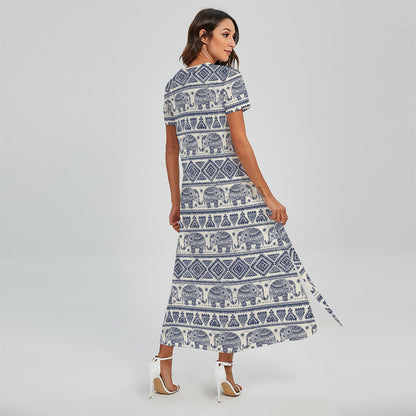African Tribal Elephant Pattern Print Short Sleeve Maxi Dress