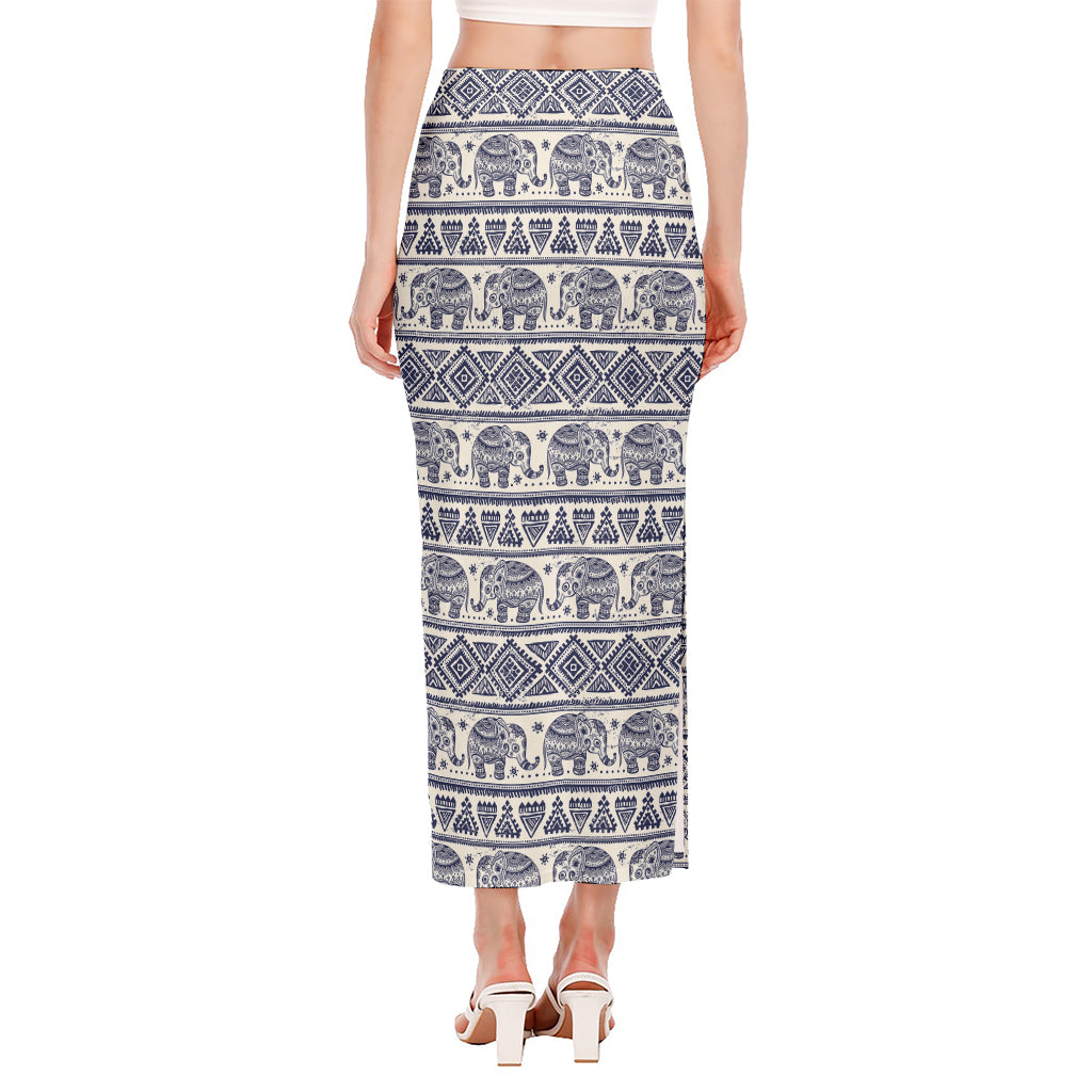 African Tribal Elephant Pattern Print Side Slit Maxi Skirt