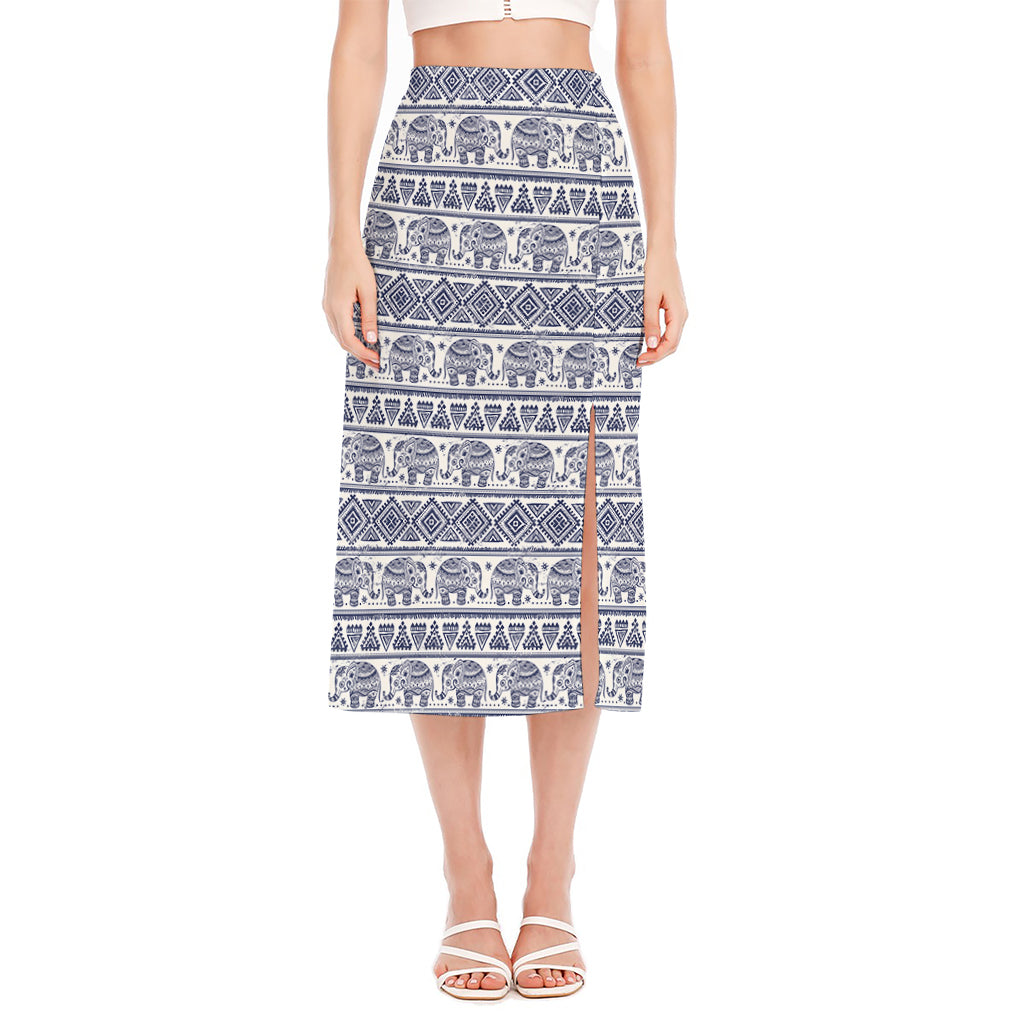 African Tribal Elephant Pattern Print Side Slit Midi Skirt