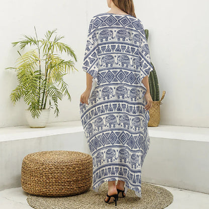 African Tribal Elephant Pattern Print Silk V-Neck Kaftan Dress