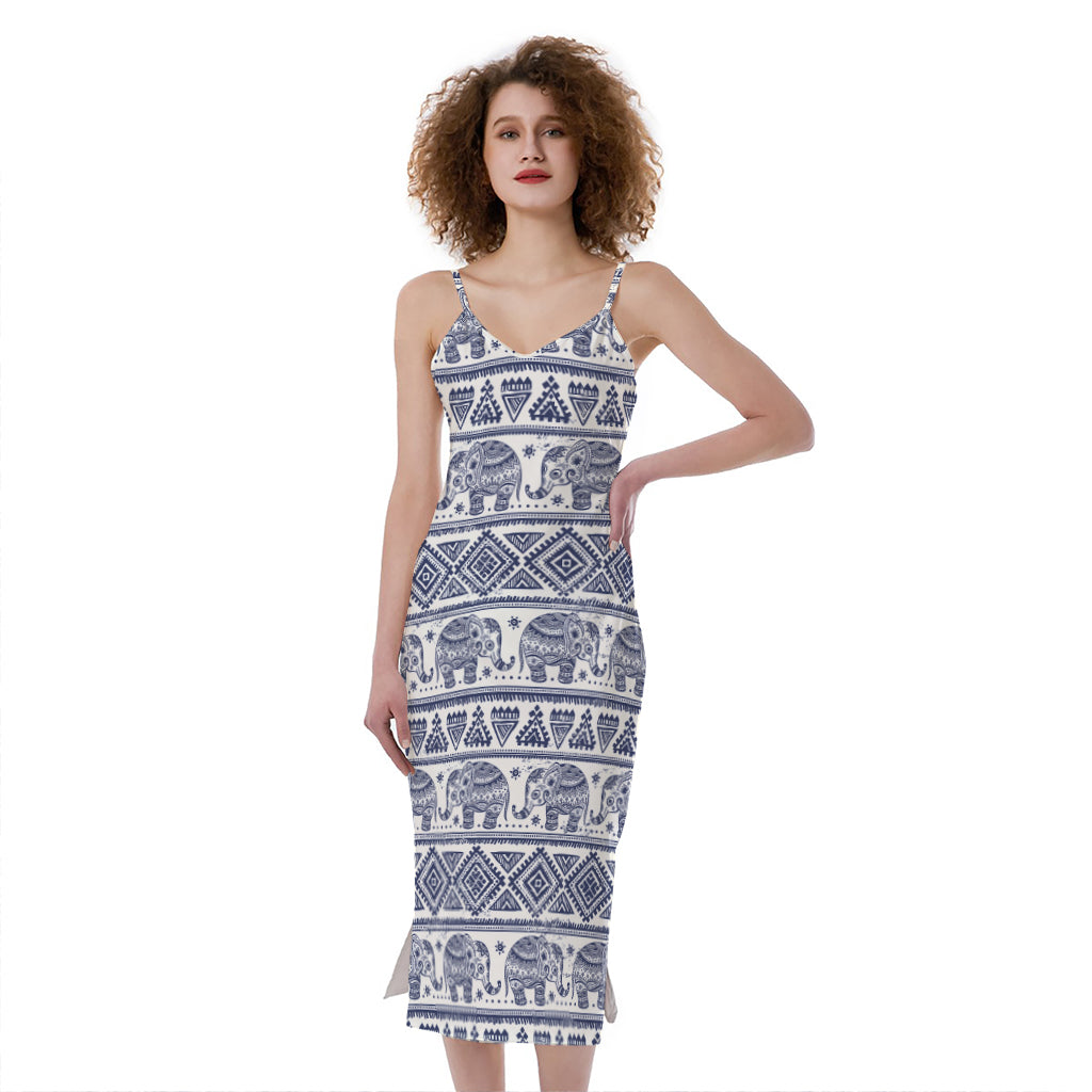 African Tribal Elephant Pattern Print Slim Fit Midi Cami Dress