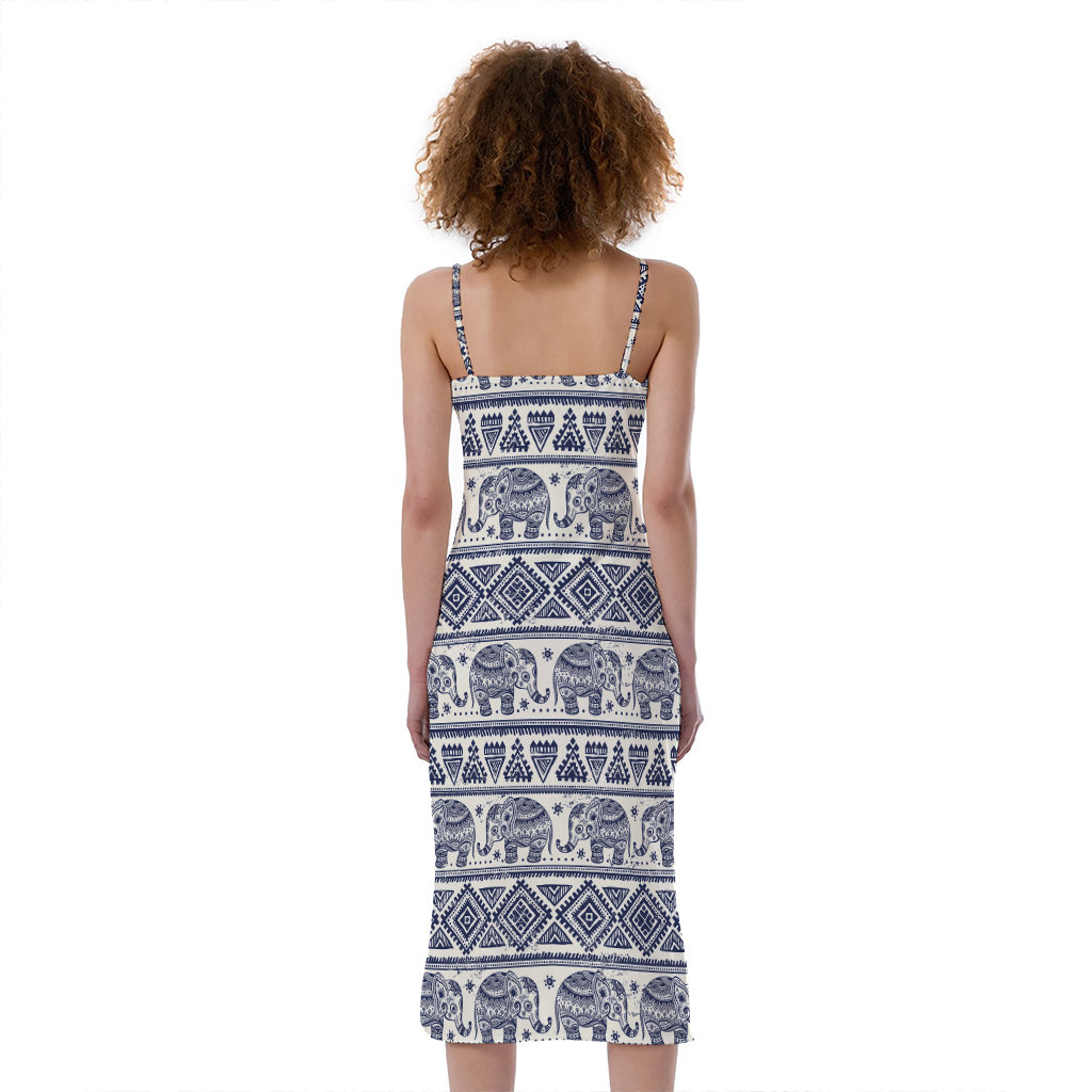 African Tribal Elephant Pattern Print Slim Fit Midi Cami Dress
