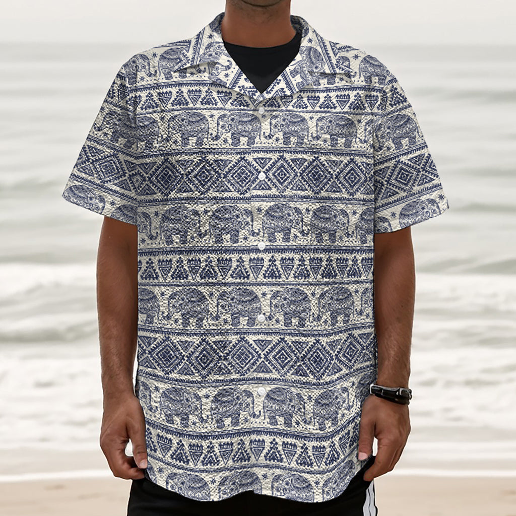 African Tribal Elephant Pattern Print Textured Short Sleeve Shirt