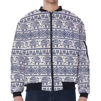 African Tribal Elephant Pattern Print Zip Sleeve Bomber Jacket
