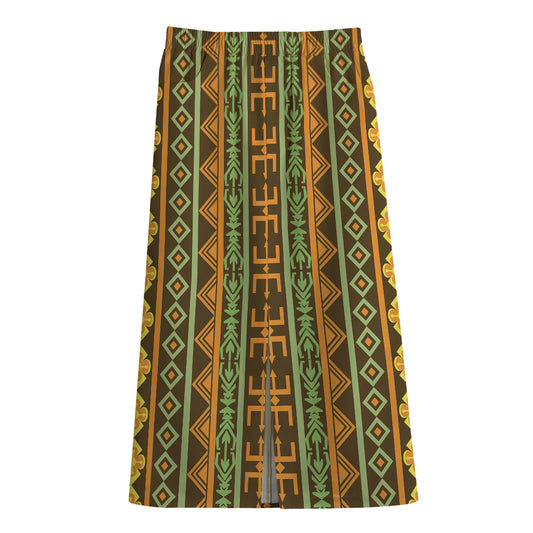 African Tribal Inspired Pattern Print Cotton Front Slit Maxi Skirt