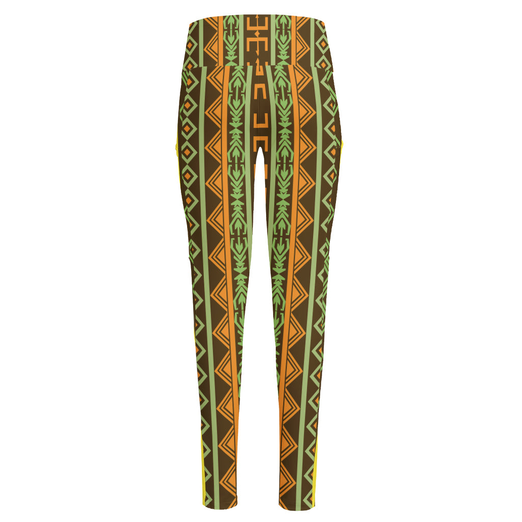 African Tribal Inspired Pattern Print High-Waisted Pocket Leggings