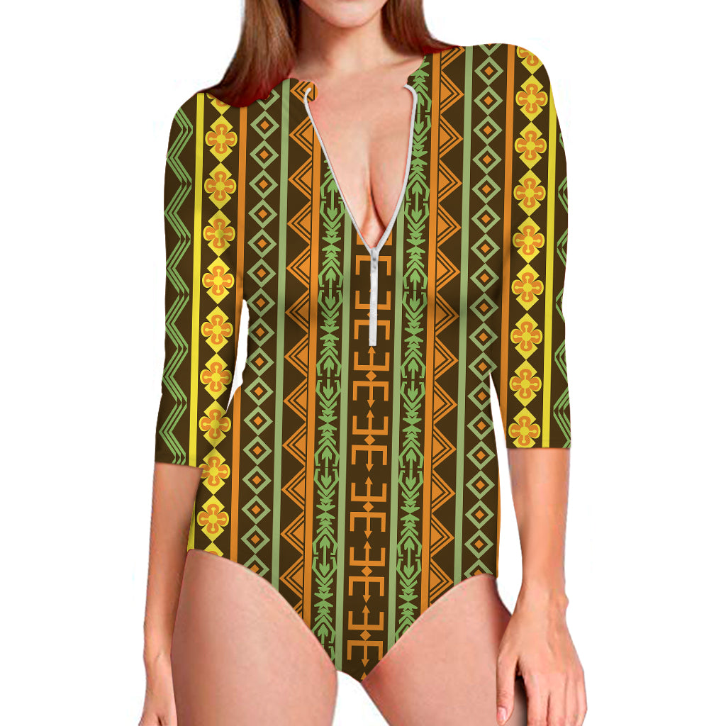 African Tribal Inspired Pattern Print Long Sleeve Swimsuit