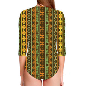 African Tribal Inspired Pattern Print Long Sleeve Swimsuit