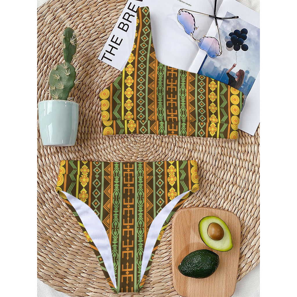 African Tribal Inspired Pattern Print One Shoulder Bikini Top