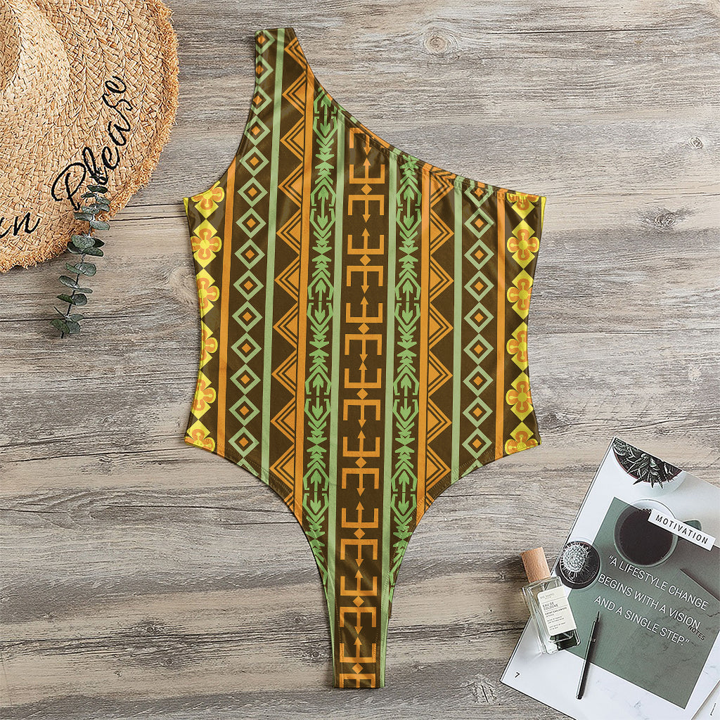 African Tribal Inspired Pattern Print One Shoulder Bodysuit