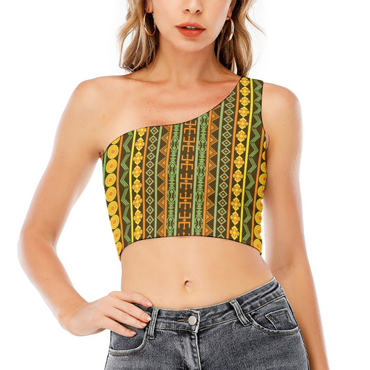 African Tribal Inspired Pattern Print One Shoulder Crop Top
