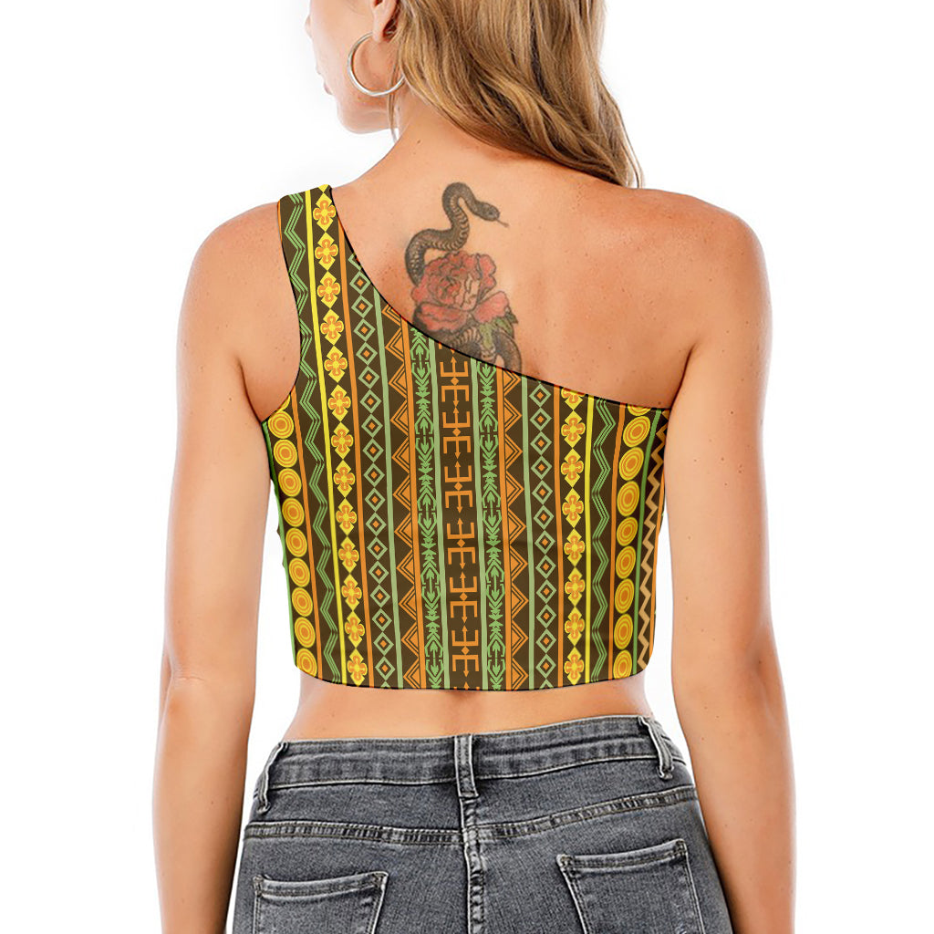 African Tribal Inspired Pattern Print One Shoulder Crop Top