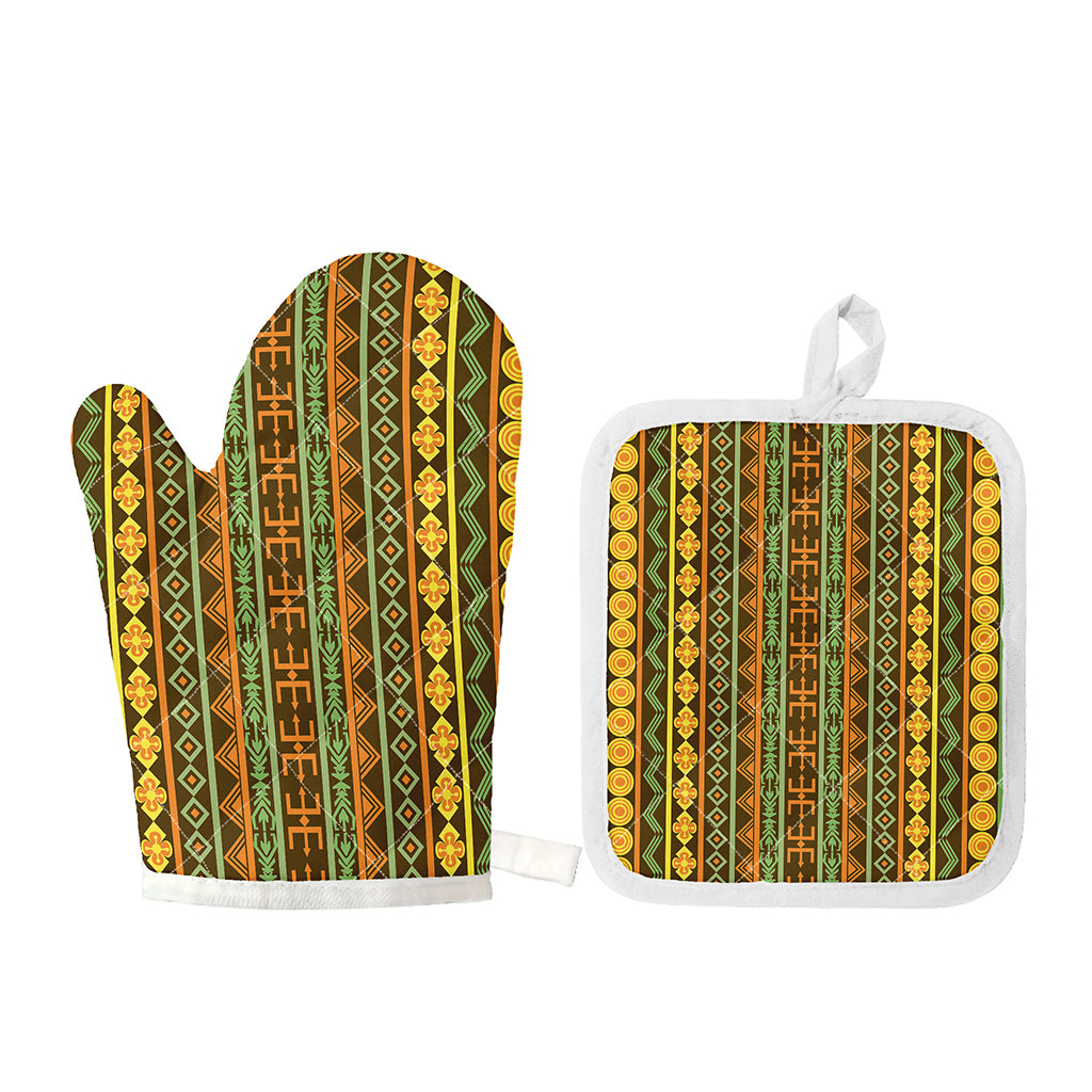 African Tribal Inspired Pattern Print Oven Mitt And Pot Holder Set