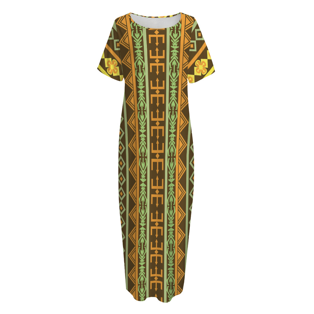 African Tribal Inspired Pattern Print Short Sleeve Long Nightdress