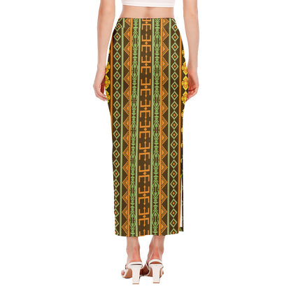 African Tribal Inspired Pattern Print Side Slit Maxi Skirt