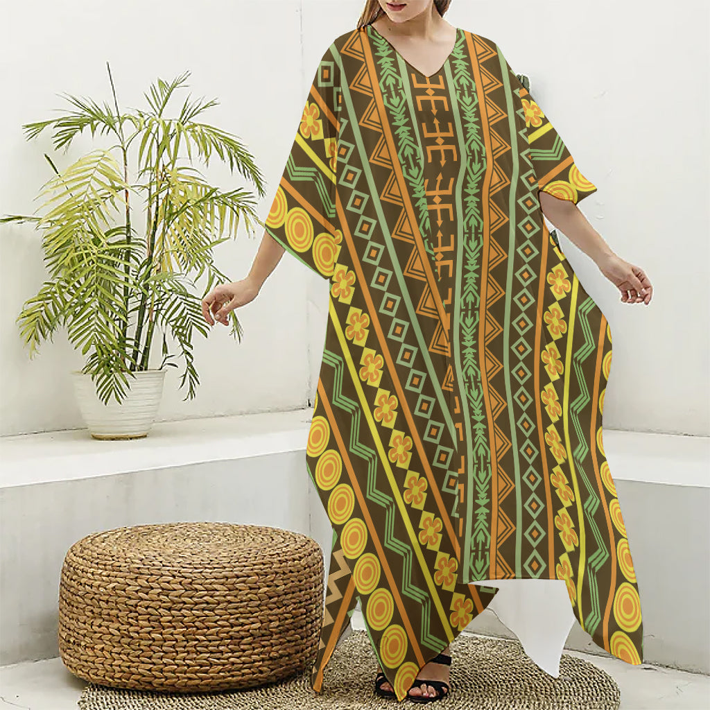 African Tribal Inspired Pattern Print Silk V-Neck Kaftan Dress