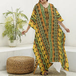 African Tribal Inspired Pattern Print Silk V-Neck Kaftan Dress