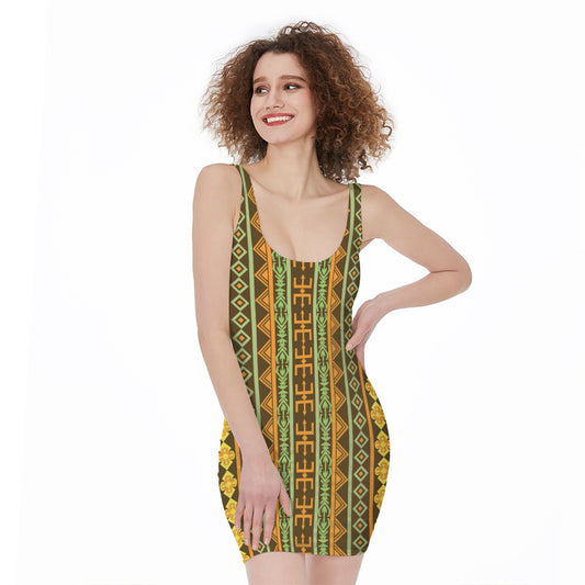 African Tribal Inspired Pattern Print Sleeveless Bodycon Dress